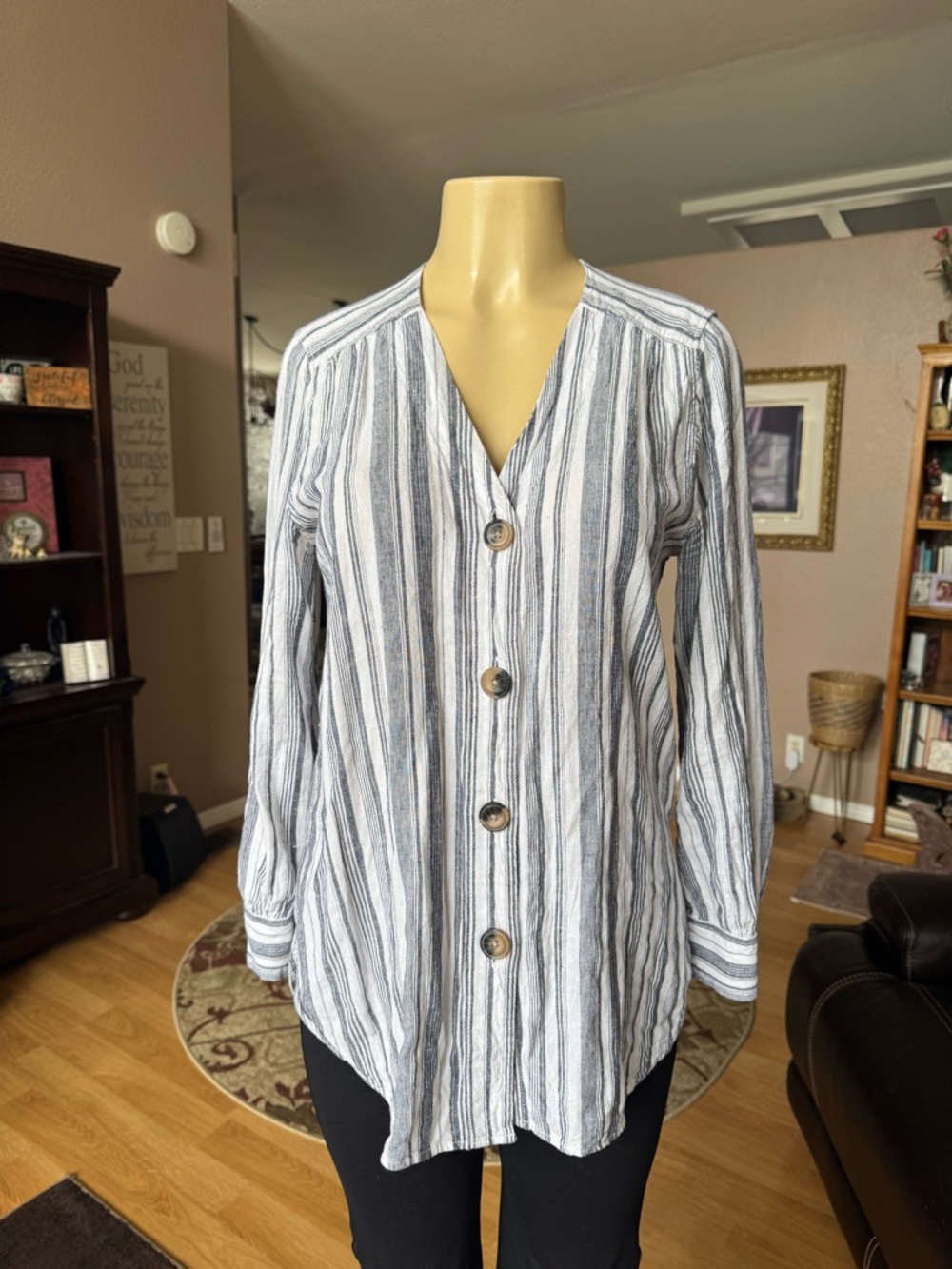 M&S Collections striped button front Vneck blouse in gray & white-size 12